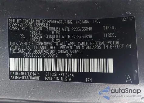 2017 Toyota Sienna Xle 7 Passenger from USA, damaged, VIN 5TDDZ3DC3HS163912